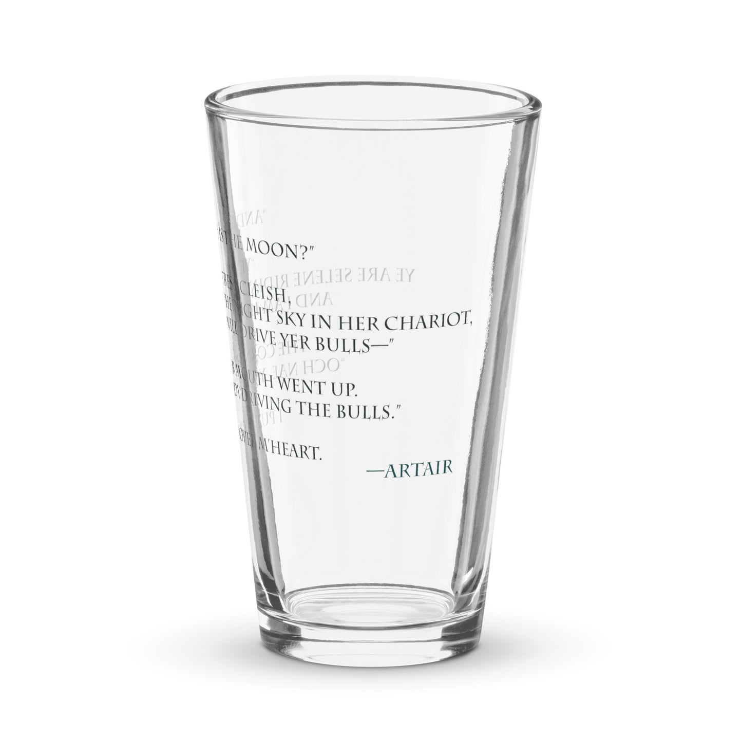 Selene and Hesperus quote from Artair and Gwynedd on shaker pint glass